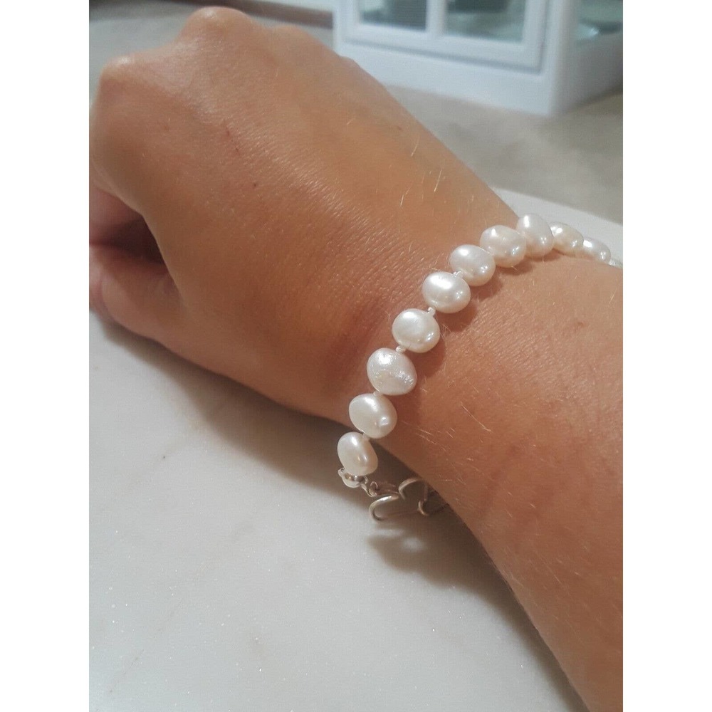 Womens A Grade White Pearl Necklace w Silk Thred & Sterling Heart Coated Clasp
